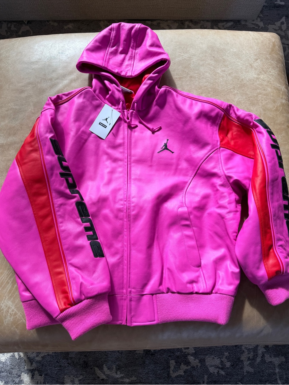 Jordan Pink Hooded Bomber Jacket with Red Sleeve Panels